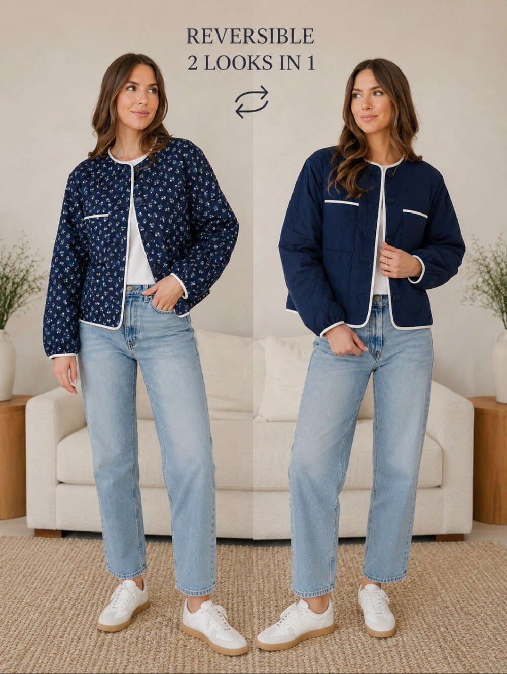 Reversible Quilted Floral Puffer Jacket Navy Blue 2-in-1 Cropped Jacket